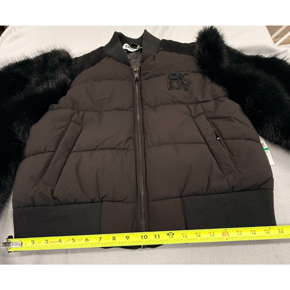 DKNY Bomber Jacket Women Large Black Full Zip Faux Fur Sleeve Cropped Winter NWT - Picture 4 of 11